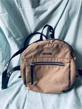 Tan Nylon Mini Backpack with Black patent Straps - Roots